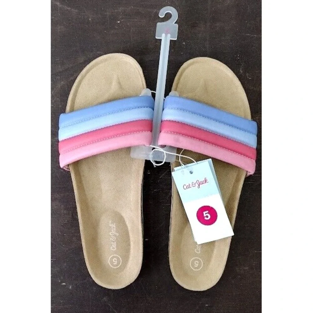 Cat Jack Kids Girls Slide‎ Sandals Size 5 Rainbow Striped Padded Slip On Shoes